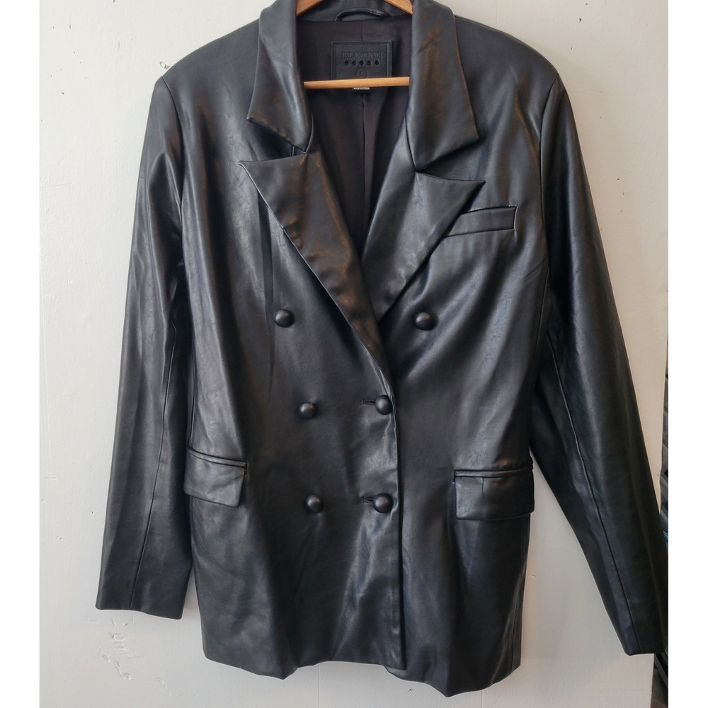 BLANKNYC Black Faux Leather Double Breasted Blazer Jacket Sz L Pockets Business - Picture 11 of 16